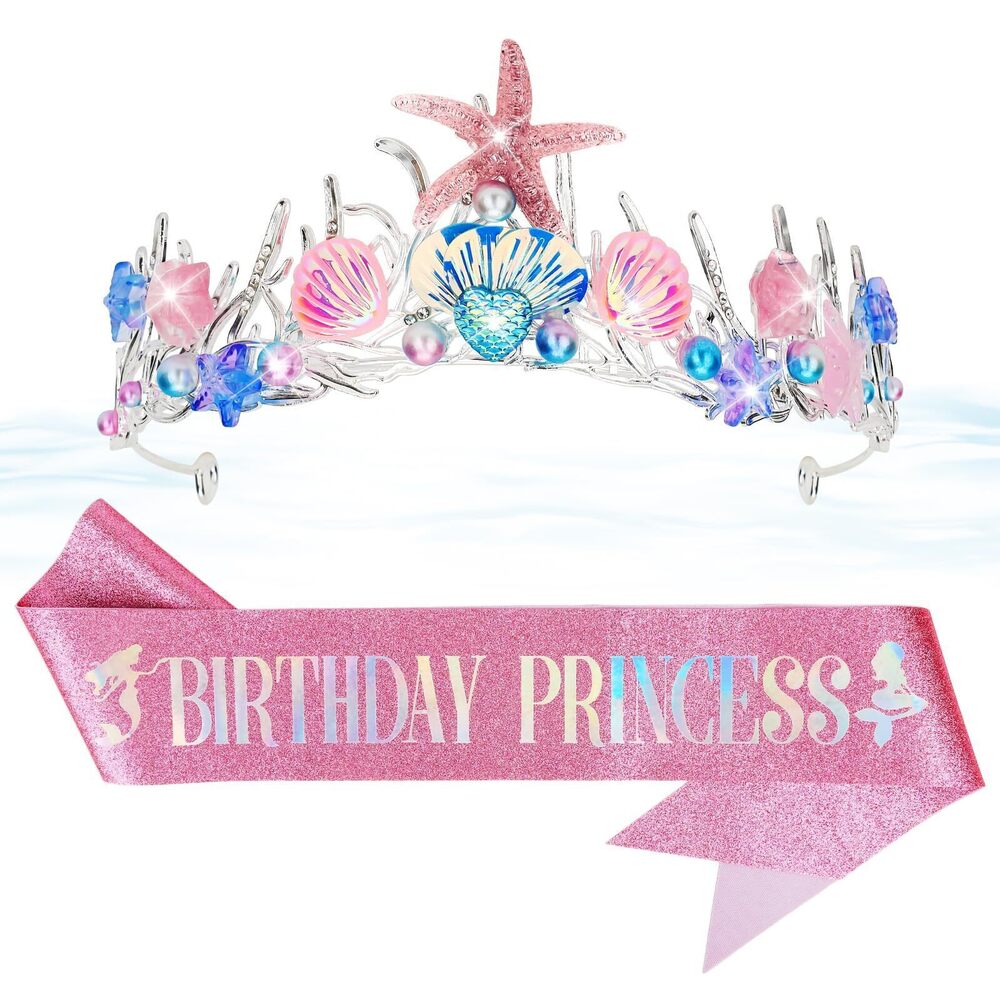 6739 Pink Mermaid Crown and Birthday Sash Girls - Alloy, Rhinestone, Resin